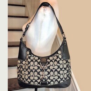 Vintage COACH Black Jacquard Signature C Top Zipper Hobo Shoulder Bag w Buckle